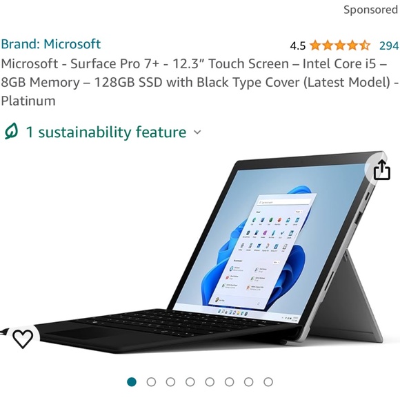 Microsoft Surface Pro 7+ 12.:” Touch Screen Intel Core i5 - 8G Memory 128GB SSD - Picture 1 of 2